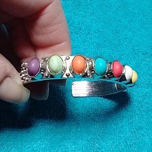 Silvertone cuff bracelet multicolor stones colorful adjustable blue pink yellow